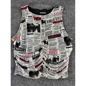 Wearever Newspaper Print Ruched Front Sleeveless Crop Top White Red Black Medium
